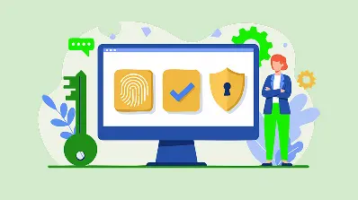 Illustration of a person next to a computer screen displaying icons for fingerprint authentication, security check, and a shield.