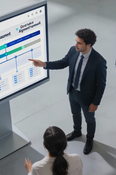 Group of professionals discussing data and analytics on large interactive screens in a modern office.