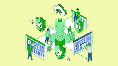 Illustration of people interacting with secure data and cloud systems.