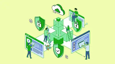 Illustration of people interacting with secure data and cloud systems.