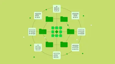 Illustration of a network connecting folders and data icons, representing organized data flow and management.