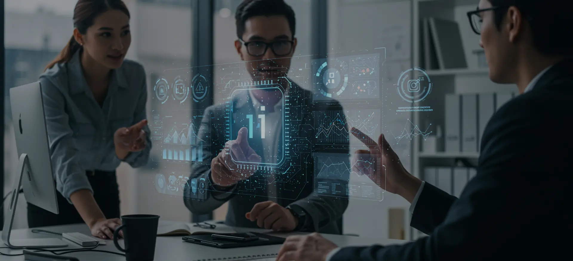 Business professionals discussing data analysis using holographic displays in a modern office environment.