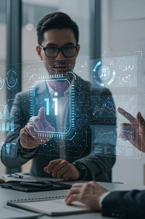 Business professionals discussing data analysis using holographic displays in a modern office environment.