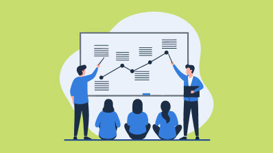 A team presenting a graph to a group on a whiteboard.