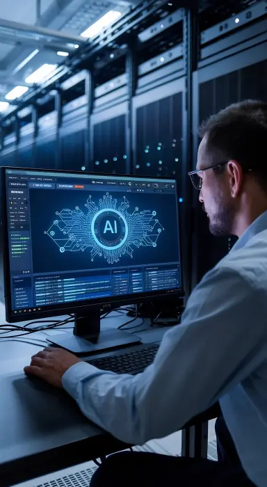 An illustration of a human and a robot on opposite sides of a balance scale, symbolizing the balance between humans and AI.