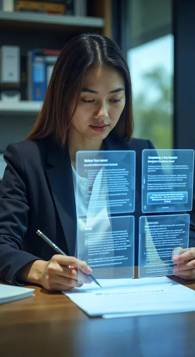 Illustration of a robot sitting on a computer, with icons representing AI and data analysis, and a search bar labeled 'Ask AI'.