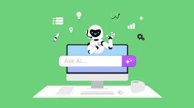 Illustration of a robot sitting on a computer, with icons representing AI and data analysis, and a search bar labeled 'Ask AI'.