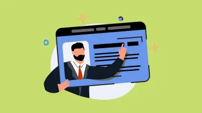 Illustration of a man pointing to details on a giant identification card.