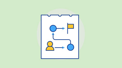 Illustration of a flowchart with nodes, a flag, and an arrow connecting a user, representing process or decision flow.