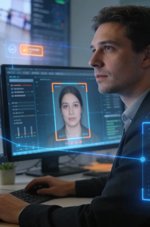 A person's finger touching a glowing 'ROI' button on a digital interface featuring financial bar graphs and line charts.