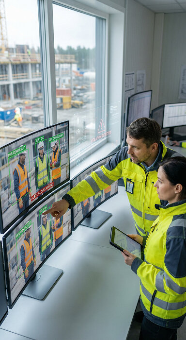 Illustration of a professional securing a computer application with a green safety shield.