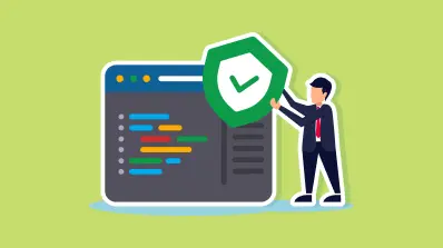 Illustration of a professional securing a computer application with a green safety shield.