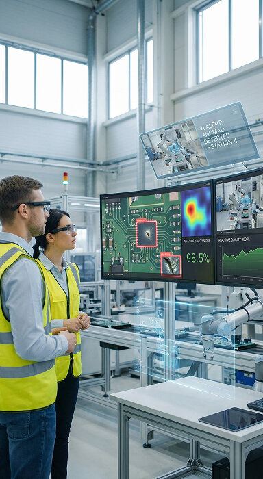 Graphic of a user working on a laptop amidst floating digital interfaces representing AI and multimedia content.