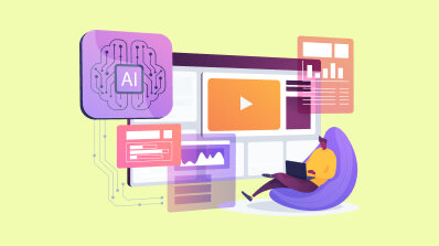 Graphic of a user working on a laptop amidst floating digital interfaces representing AI and multimedia content.