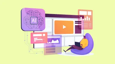 Graphic of a user working on a laptop amidst floating digital interfaces representing AI and multimedia content.