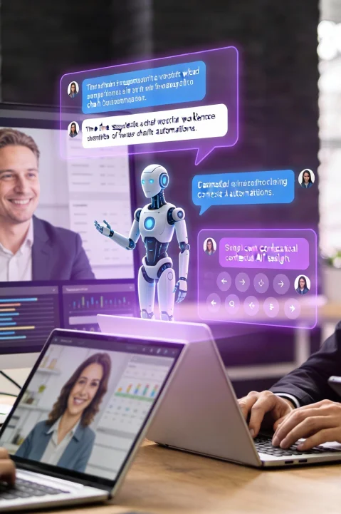 Digital robot assistant mediating an office meeting with floating chat notifications.