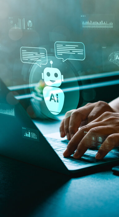 illustration of two people interacting with a large, friendly AI chatbot.