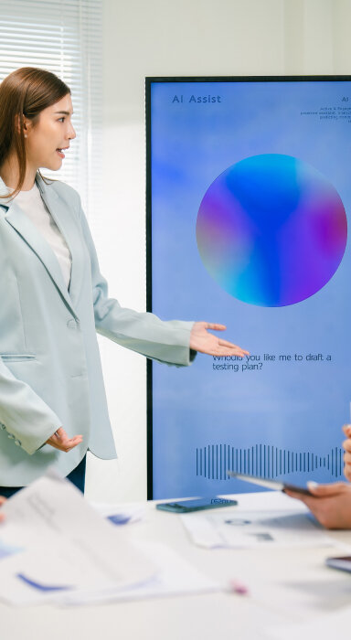 Illustration of a person and an AI robot collaborating on a task list.