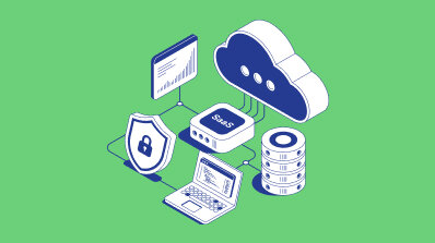 Isometric graphic representing a SaaS cloud software network with security and data analytics.
