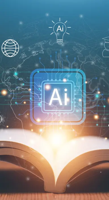 Friendly orange robot character organizing documents and data at a desk.