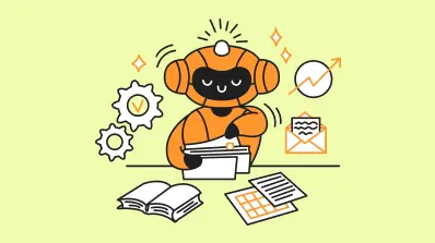 Friendly orange robot character organizing documents and data at a desk.