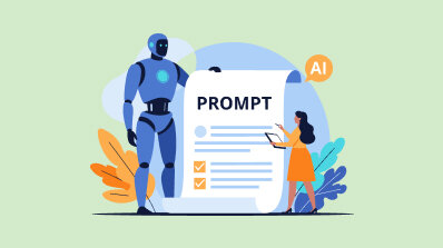 Illustration of a person and a robot collaborating on a large prompt engineering document.