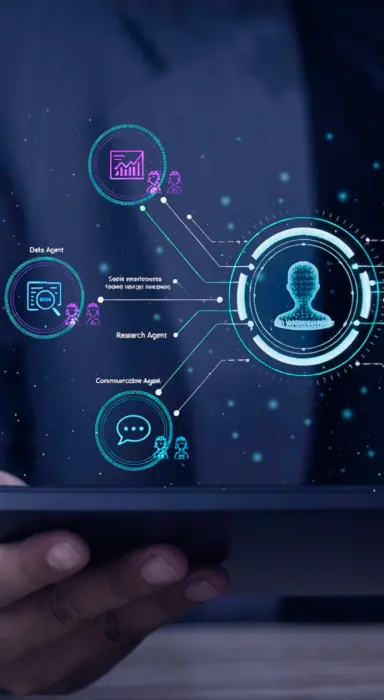 Isometric diagram of a multi-agent AI system with specialized roles for coding, research, and planning.