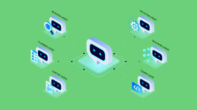 Isometric diagram of a multi-agent AI system with specialized roles for coding, research, and planning.