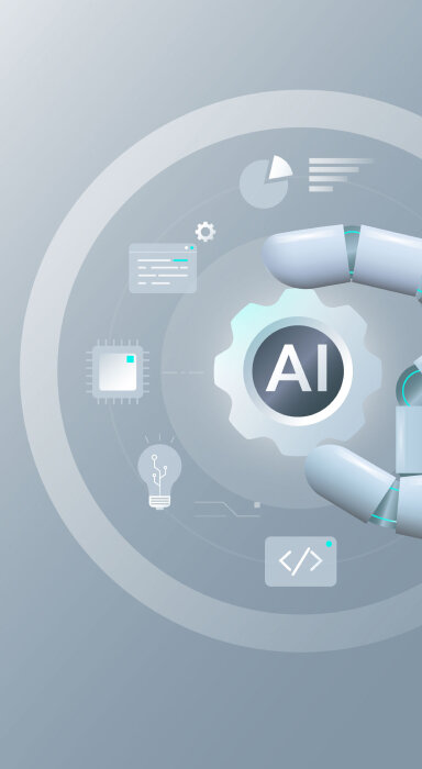 Isometric graphic of robots automatically organizing digital documents and data into folders.