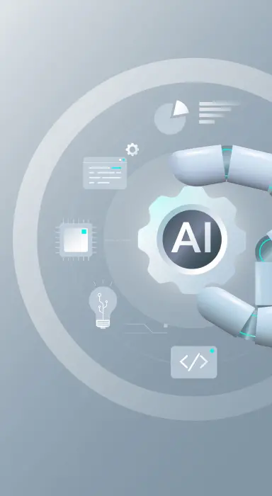 Isometric graphic of robots automatically organizing digital documents and data into folders.