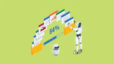Isometric graphic of robots automatically organizing digital documents and data into folders.