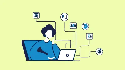 Flat design illustration showing a digital professional connected to various workplace productivity icons.