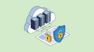 Isometric graphic representing secure cloud data storage and document encryption.
