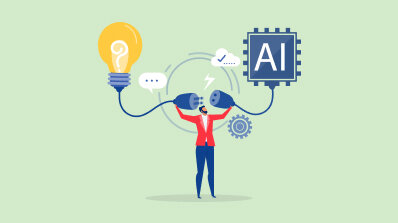 Graphic of a person connecting human creativity—represented by a lightbulb—to an AI processor.