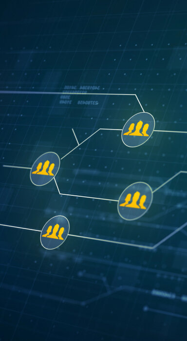 Digital network visualization with connected nodes representing people, symbolizing AI-driven analytics and data connections.