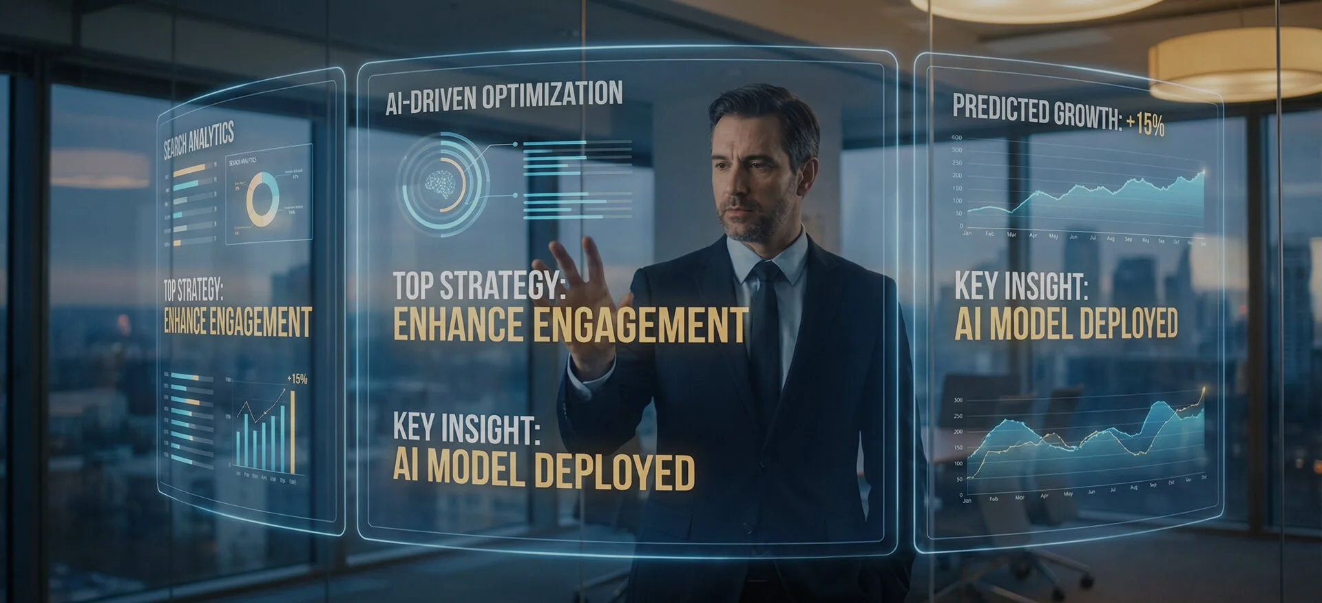 digital graphic showcasing ecommerce website optimization services, featuring a laptop displaying an online store with icons representing search engine optimization strategies like keywords 