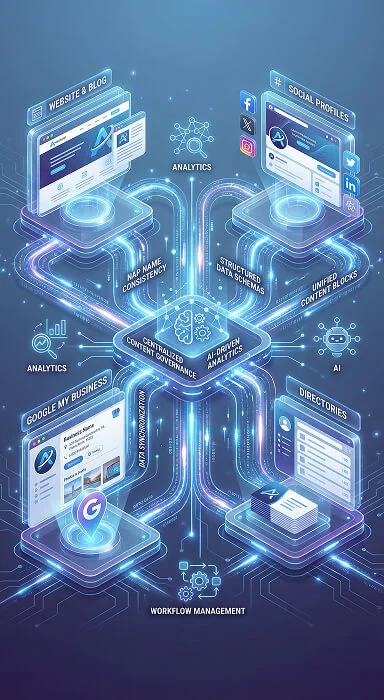 A laptop graphic displays an ecommerce website with icons symbolizing SEO and conversion rate optimization. It represents agency services for improving online store performance.