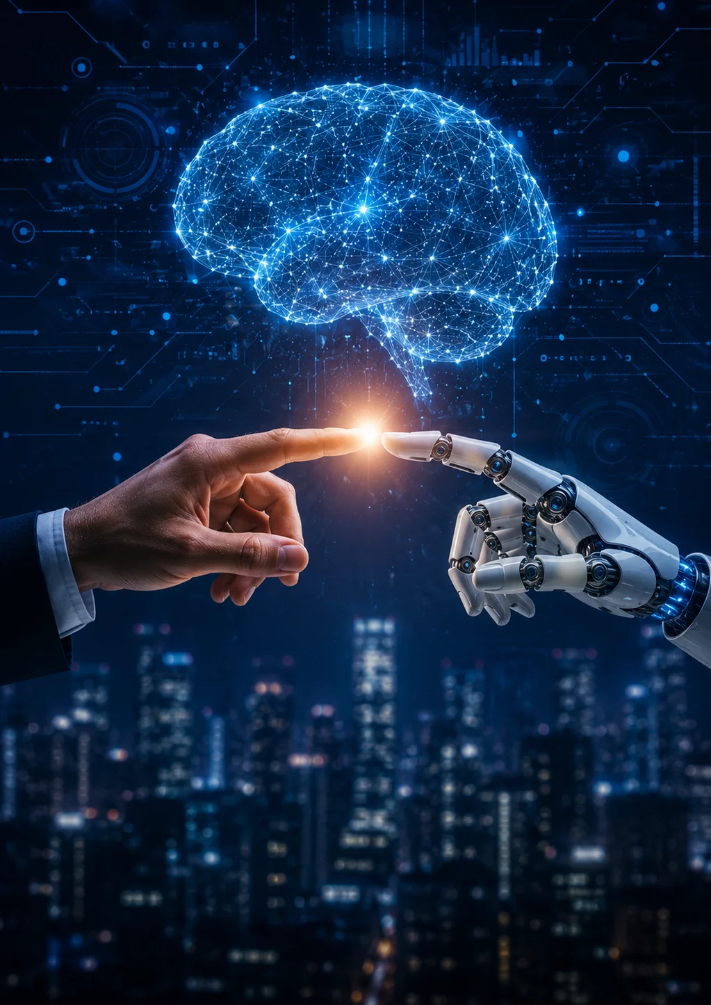 lose-up of a hand placing wooden blocks on a desk with a digital overlay of AI icons and a world map, symbolizing enterprise AI strategy and global technology consulting
