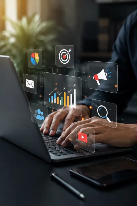 Digital marketing service provider concept showcasing a business professional using a futuristic interface to analyze key marketing metrics and strategies