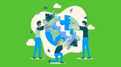 Design and development services for CSR websites showcased through a collaborative illustration of individuals working together to protect the environment