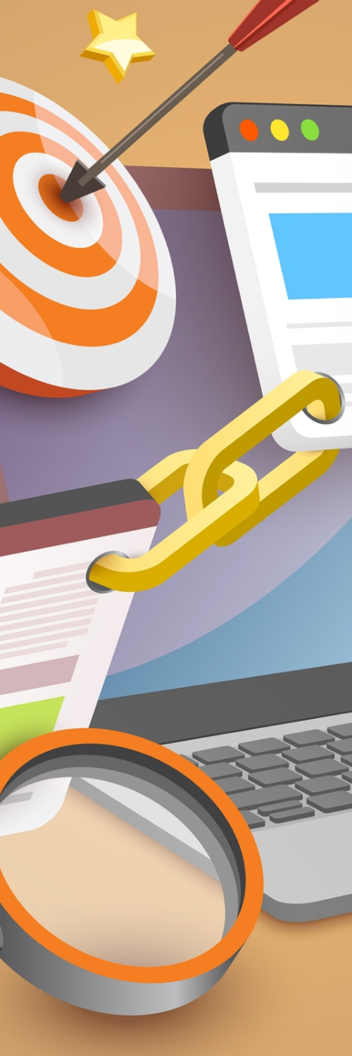 A computer screen shows a dashboard for ecommerce website optimization service focused on link building. The interface displays strategies used by a search engine optimization agency to improve site rankings.