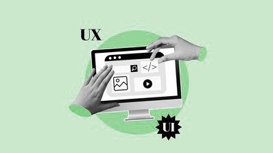 Two hands interacting with a computer screen showcasing UI/UX design, representing Digital Design Services by a digital design agency