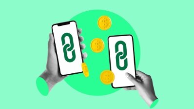 Digital graphic depicting hands holding smartphones that display chain link icons connected to gold coins, symbolizing advanced link building in enterprise SEO service, enterprise SEO agency