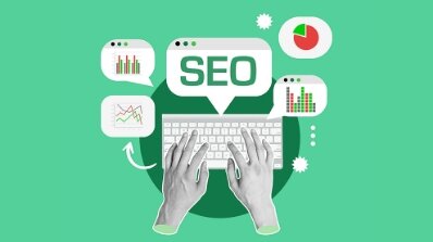 Hands typing on a keyboard with SEO analytics and charts, representing a local SEO strategy for effective onsite and technical SEO optimization