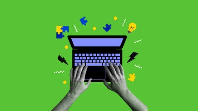 Illustration of hands typing on a laptop with puzzle pieces and lightbulbs, representing PIM Implementation Services and PIM Integration Services