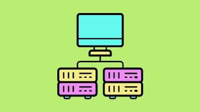Icon illustrating PIM Implementation Services, showing a computer connected to storage servers, representing PIM integration services