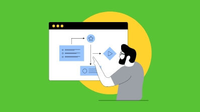 Illustration of a person interacting with a digital interface, representing PIM Implementation Services and PIM implementation consultancy.