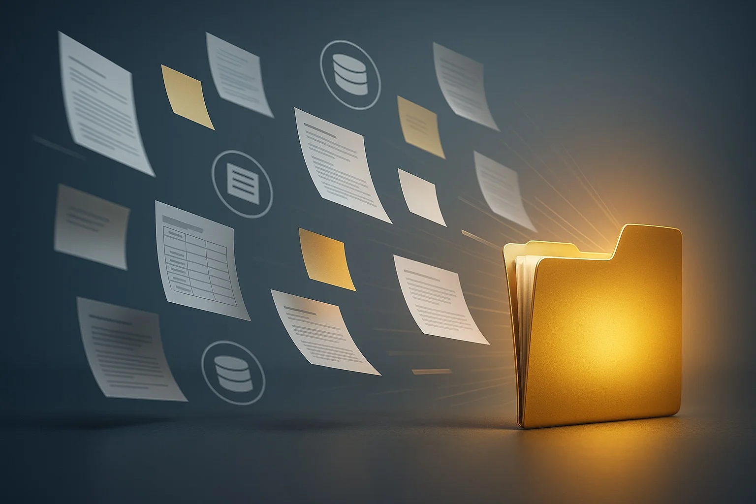 Digital file organization flowing from a folder, symbolizing MDM Implementation Services and master data management consultants for effective data governance
