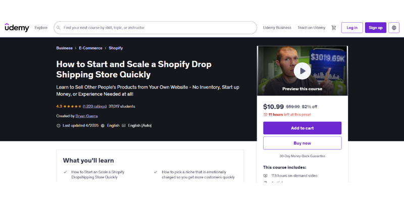 This Udemy webpage advertises an online course teaching how to quickly start and expand a Shopify dropshipping store.
