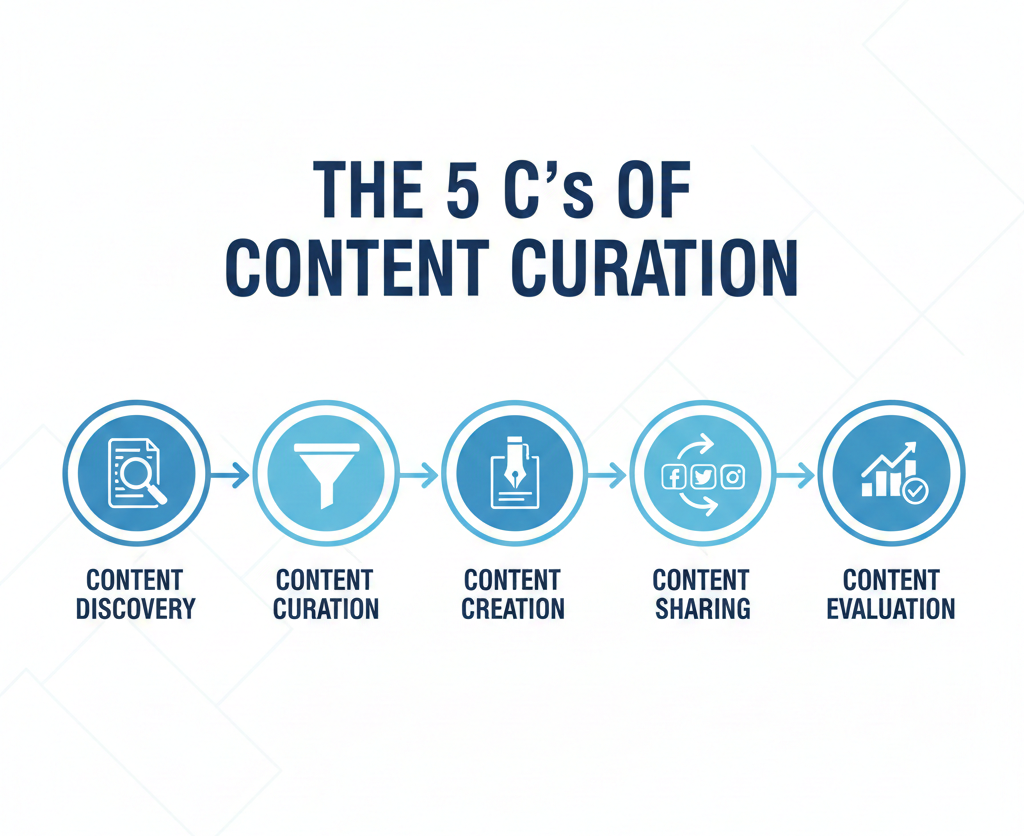 the 5 C’s of content curation, including content discovery, content curation, content creation, content sharing, and content evaluation.